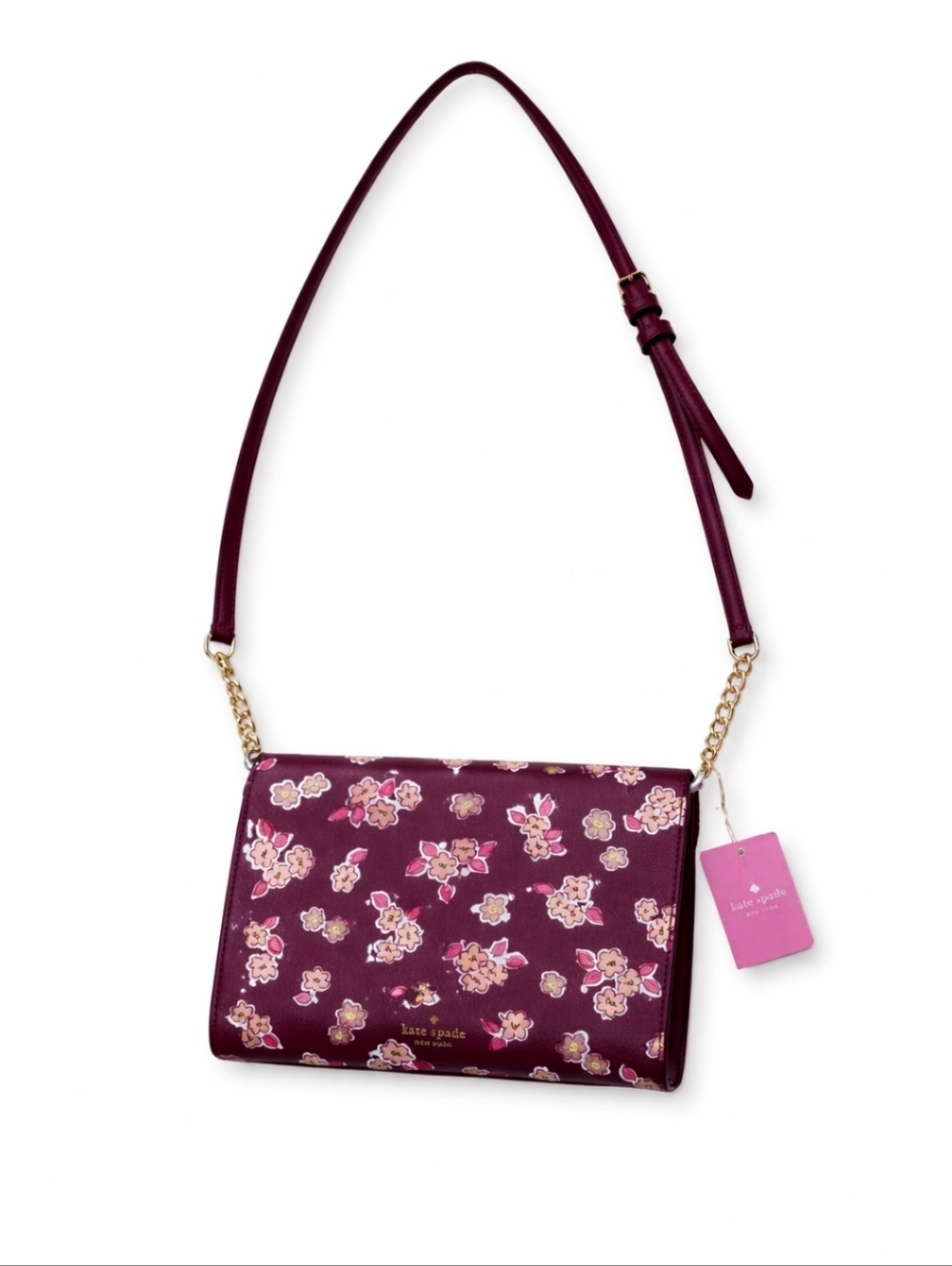 Kate Spade Flower Monogram Flap Crossbody Bag Burgundy Pink Wallet On Chain - Picture 2 of 10